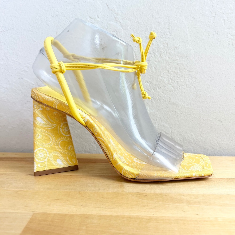 SCHUTZ Yellow Paisley Block Heel Sandals with Clear PVC Upper